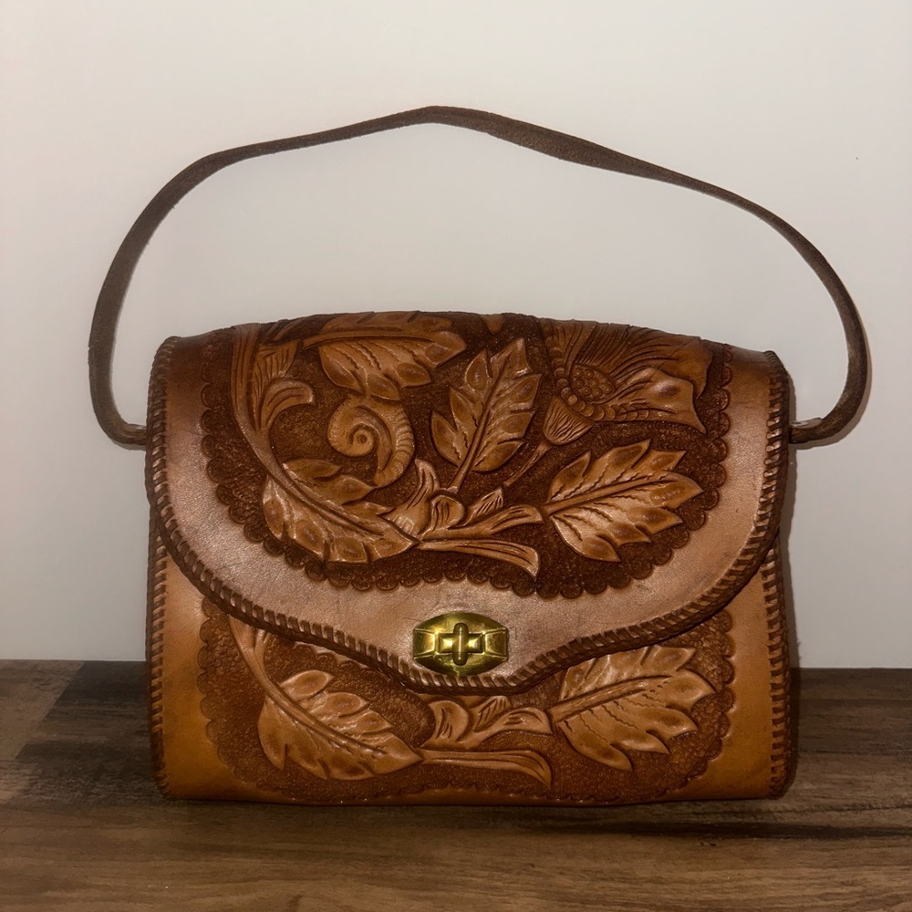 Vintage hand tooled Elegant Brown Leather Handbag